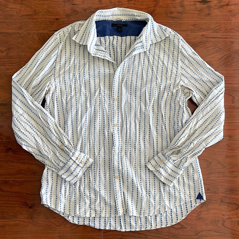 Express Men's White and Blue Long Sleeve Button Down Dress Shirt